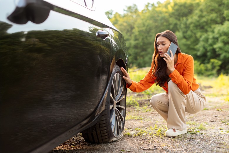 Worried woman on the phone due to a flat tire 